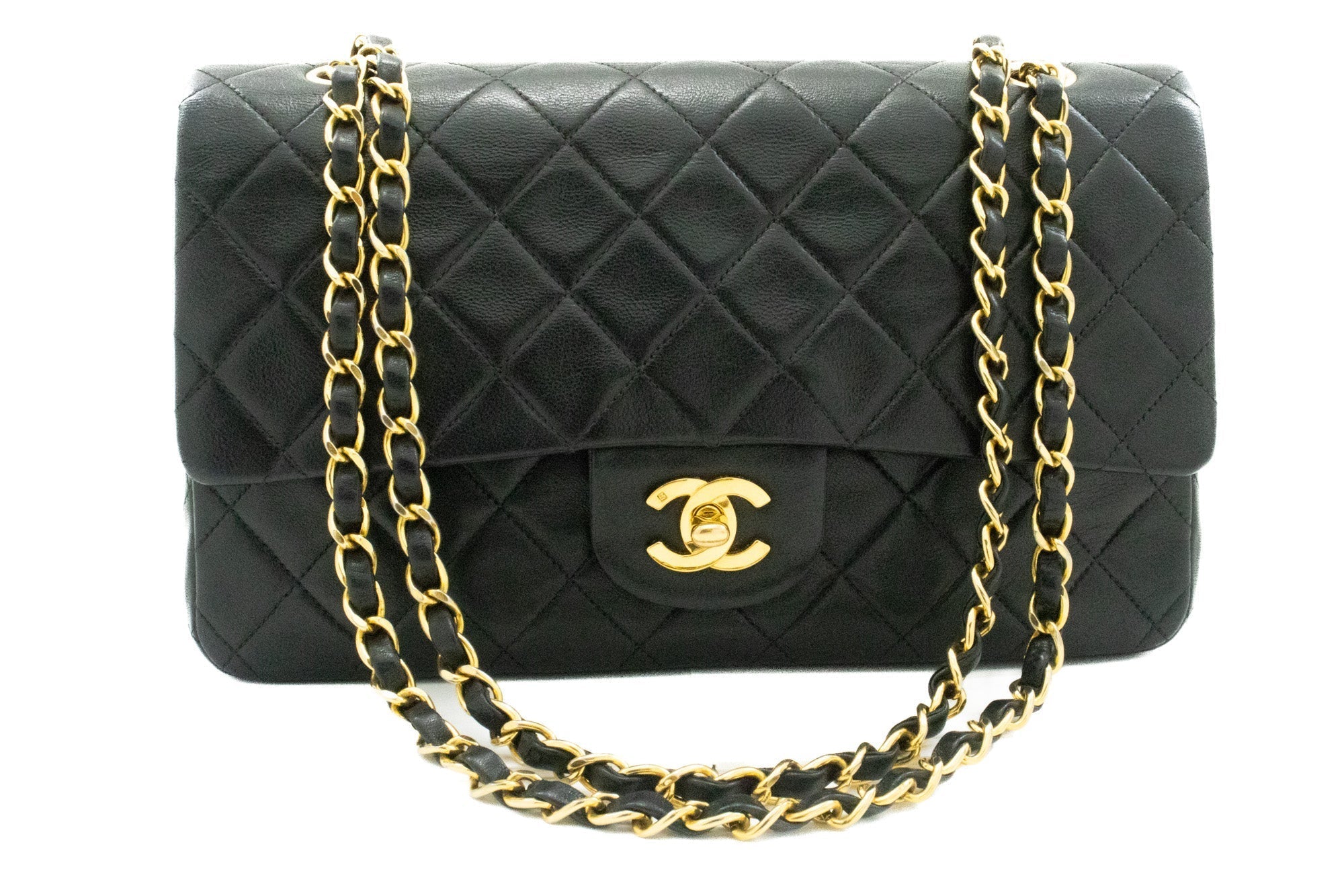 CHANEL Classic Double Flap 10" Chain Shoulder Bag Black Lambskin k63