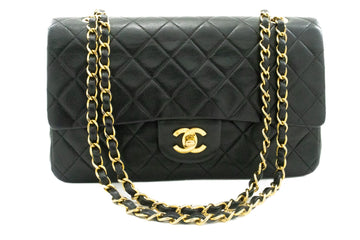 CHANEL Classic Double Flap 10" Chain Shoulder Bag Black Lambskin k63