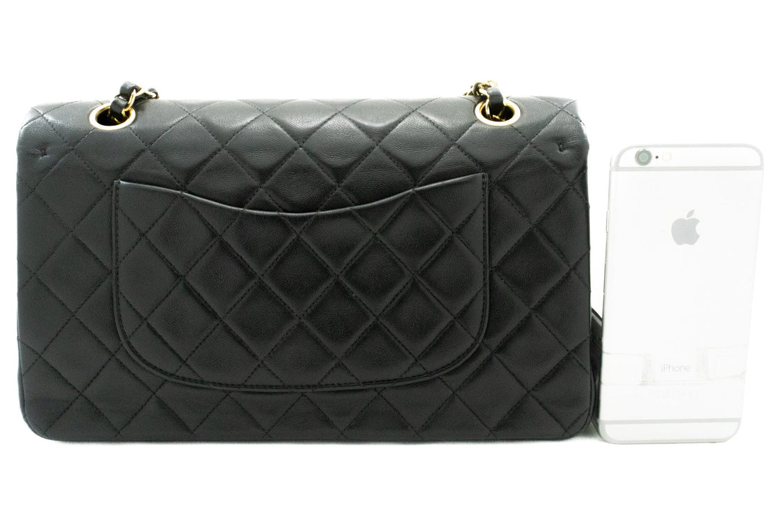 CHANEL Classic Double Flap 10" Chain Shoulder Bag Black Lambskin k63