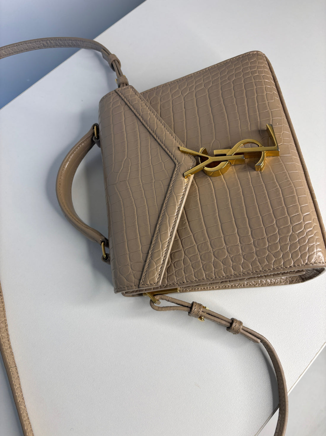 Saint Laurent YSL Crocodile Embossed Mini Classic Monogram Cassandra Nude Top Handle Bag Preloved