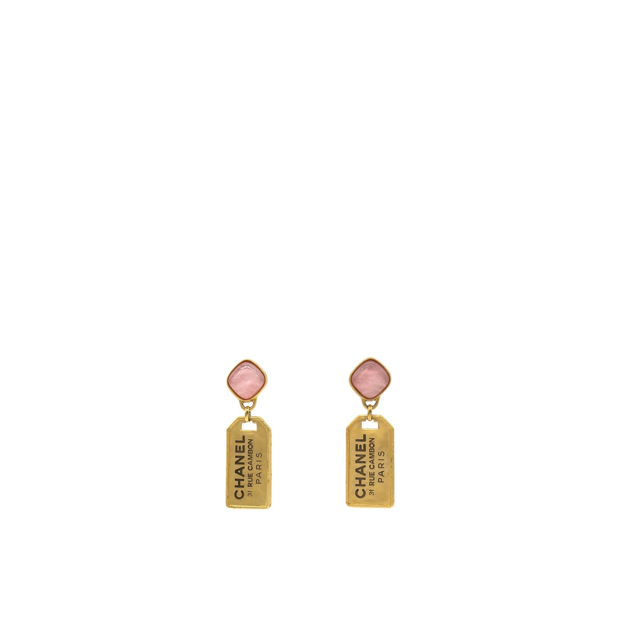 Chanel Pink Stone Badget CC Tags Drop Earrings Gold