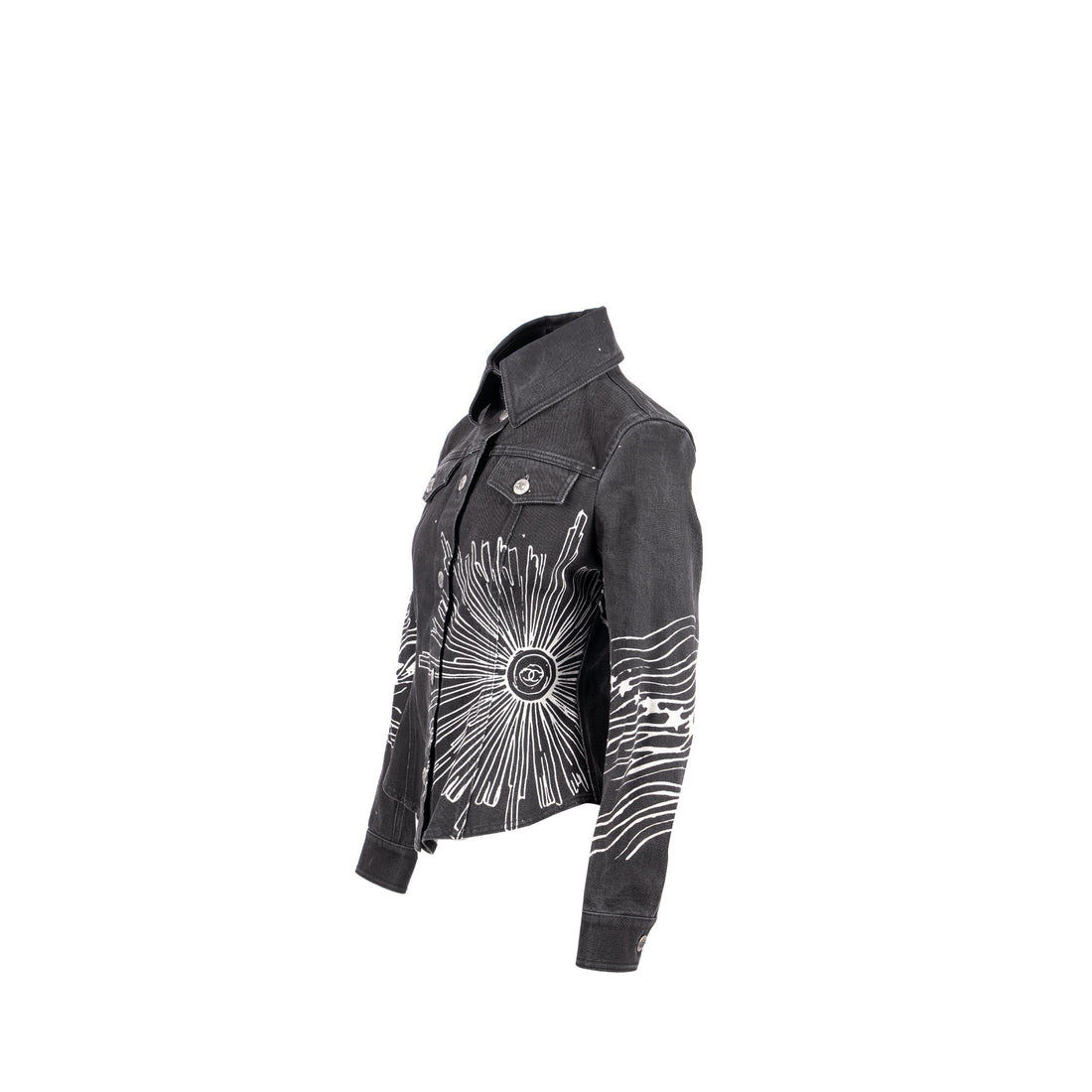 Chanel 22C Size 34 Graphic Print Denim Jacket Cotton Black/ White