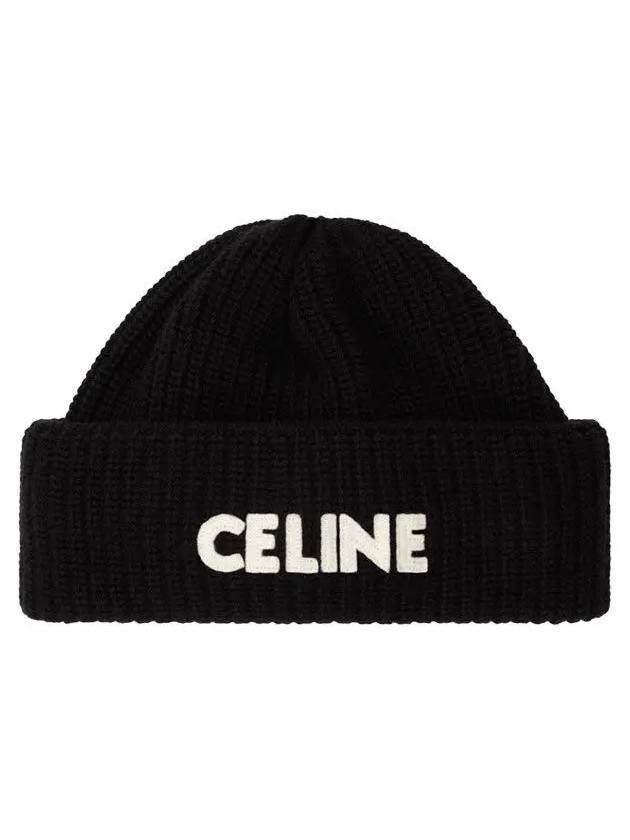 CELINE Logo Ribbed Wool Beanie Black