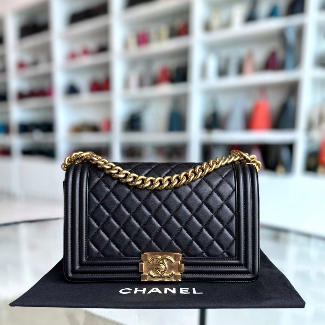 Chanel Boy Medium - 25CM Quilted Calfskin Black Gold Hardware Series 20