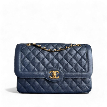 Chanel Two Tone Flap - Medium Crumpled Grained Calfskin Navy Blue Gold Series 21