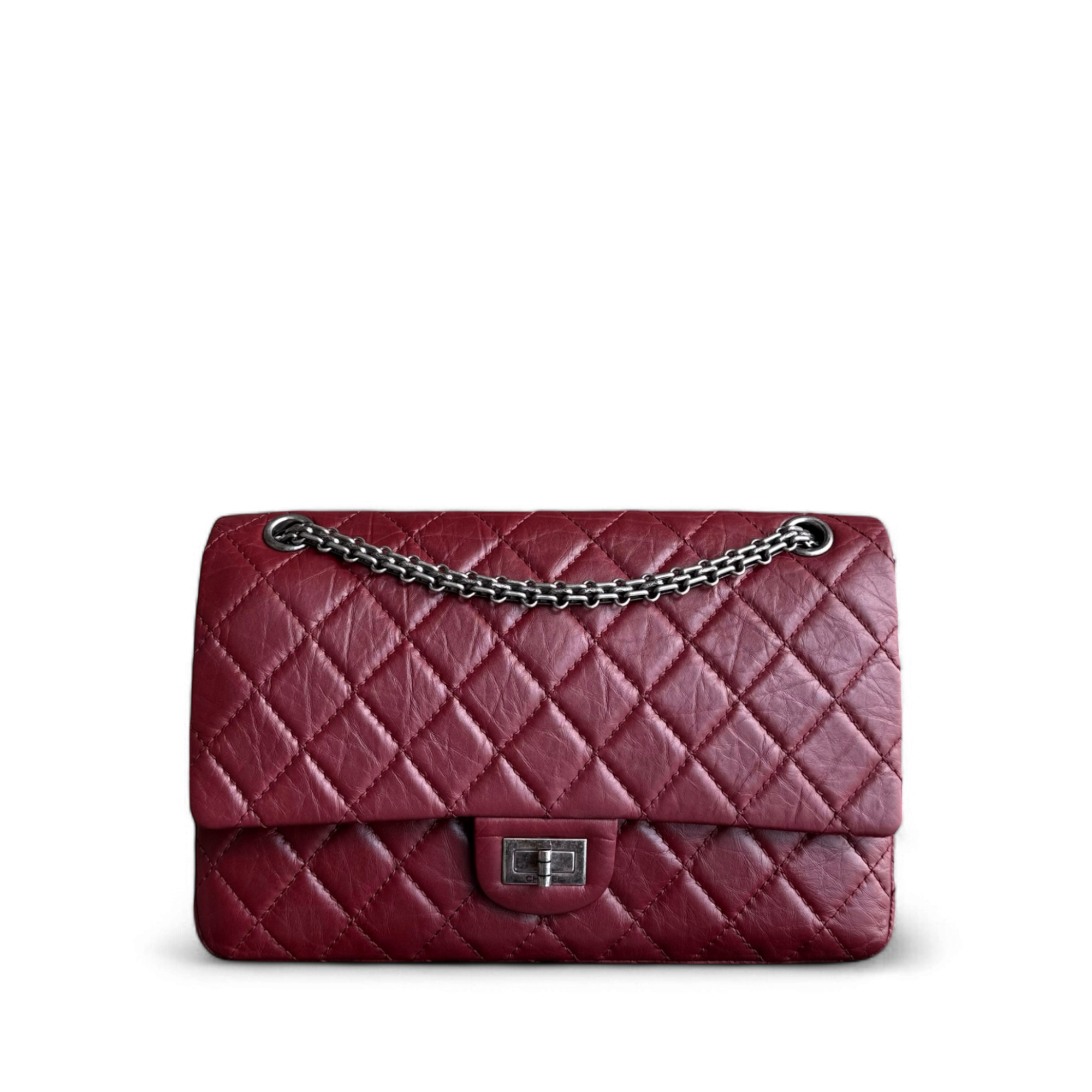 Chanel 2.55 Reissue 226 Medium - 28CM Quilted Aged Calfskin Burgundy Dark Red Ruthenium Silver Hardware Series 12