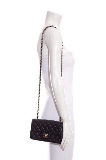 Chanel Black Single Flap 2022  Mini Lamb Leather Handbag