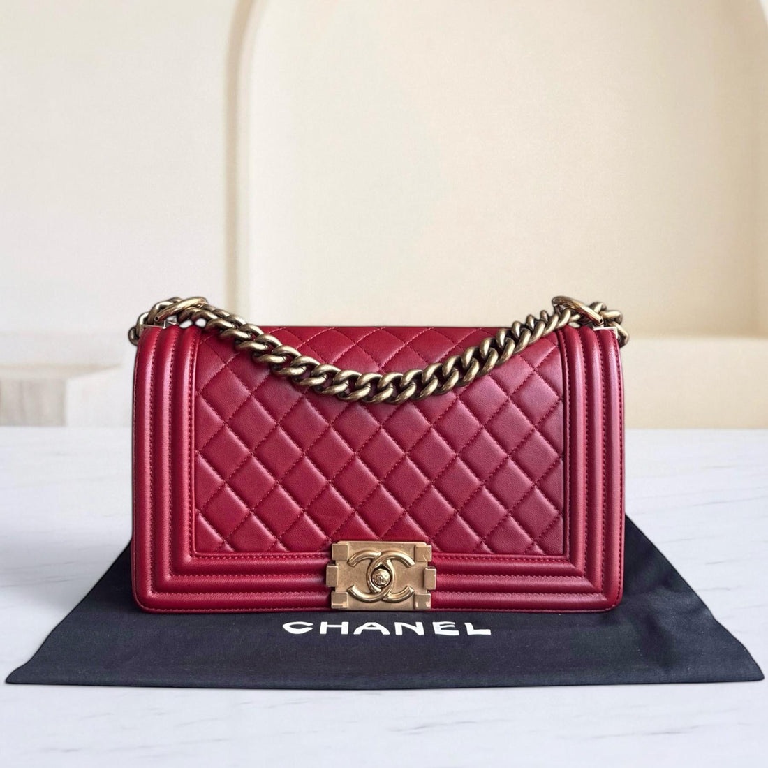 Chanel Boy Medium - 25CM Quilted Lambskin Dark Red Gold Hardware Series 19