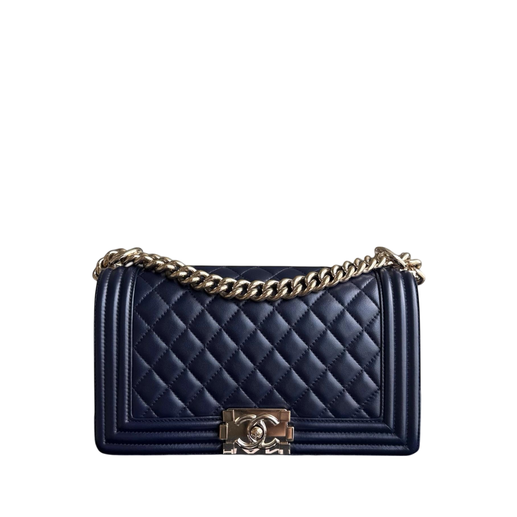 Chanel Boy Medium - 25CM Quilted Lambskin Dark Navy Blue Gold Hardware Series 22