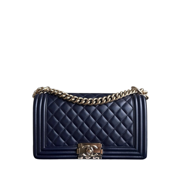 Chanel Boy Medium - 25CM Quilted Lambskin Dark Navy Blue Gold Hardware Series 22