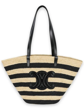 CELINE Striped Classic Pannier Raffia Bucket Tote Bag Natural Black
