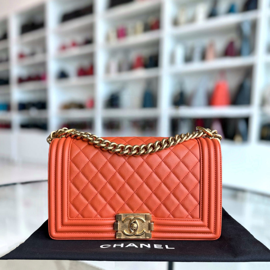 Chanel Boy Medium - 25CM Quilted Clafskin Caramel Aged Gold Hardware Series 20