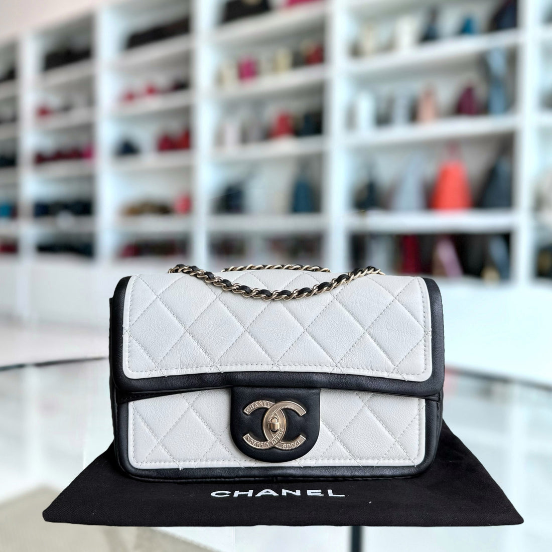 Chanel Seasonal Flap - 23CM Quilted Lambskin Bi-Color White Black Gold Hardware Series 19