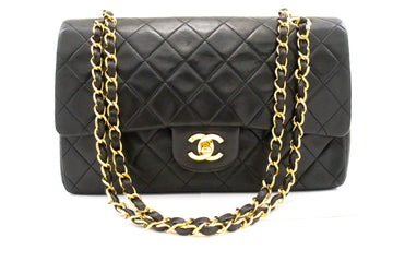 CHANEL Classic Double Flap 10" Chain Shoulder Bag Black Lambskin k74