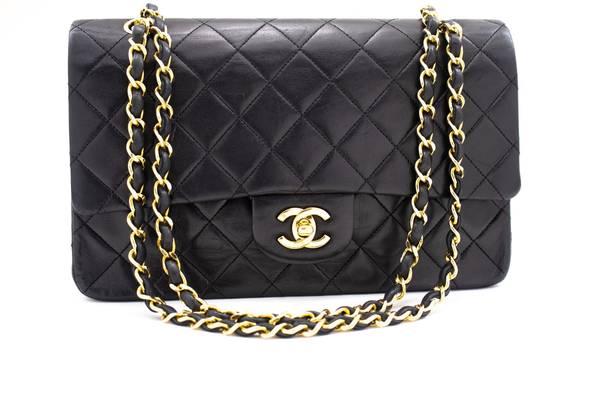 CHANEL Classic Double Flap 10" Chain Shoulder Bag Black Lambskin k69