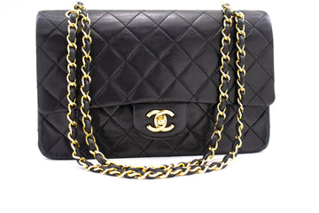 CHANEL Classic Double Flap 10" Chain Shoulder Bag Black Lambskin k69