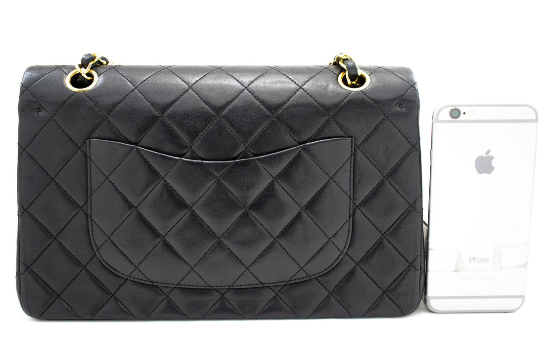 CHANEL Classic Double Flap 10" Chain Shoulder Bag Black Lambskin k69