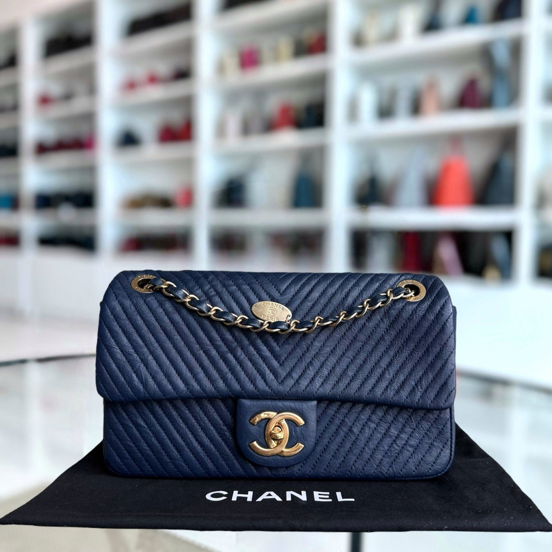 Chanel Seasonal Flap Medium - 25CM Surpique CC Herringbone Medallion Flap Chevron Dark Navy Blue Gold Hardware Series 22