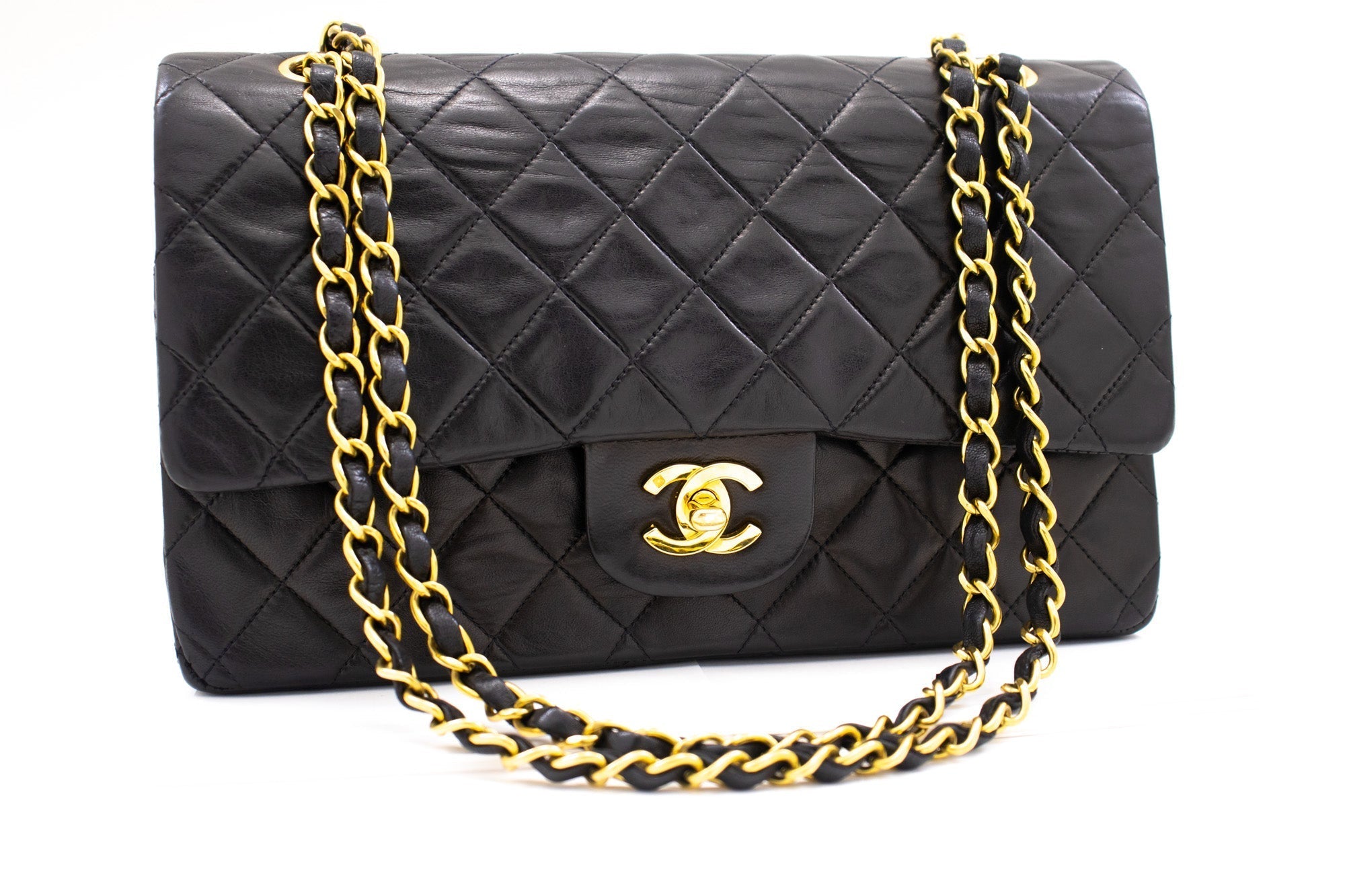 CHANEL Classic Double Flap 10" Chain Shoulder Bag Black Lambskin k71