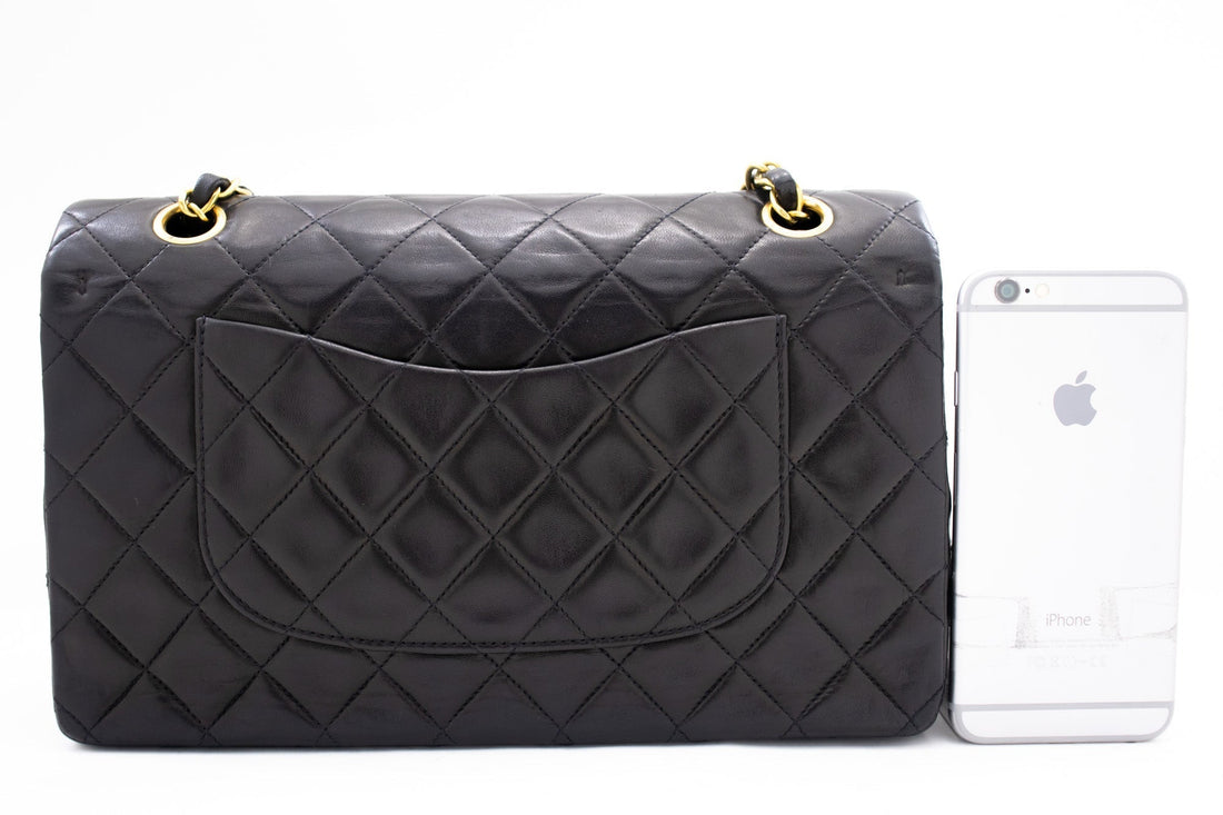 CHANEL Classic Double Flap 10" Chain Shoulder Bag Black Lambskin k71