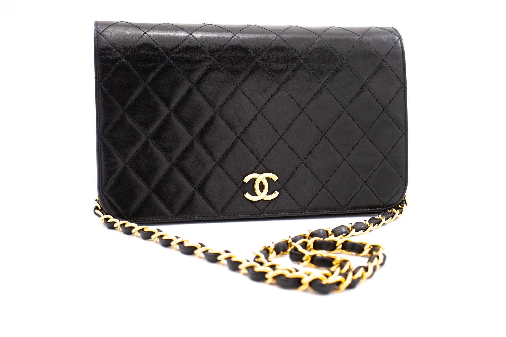 CHANEL Full Flap Chain Shoulder Bag Clutch Black Quilted Lambskin k82