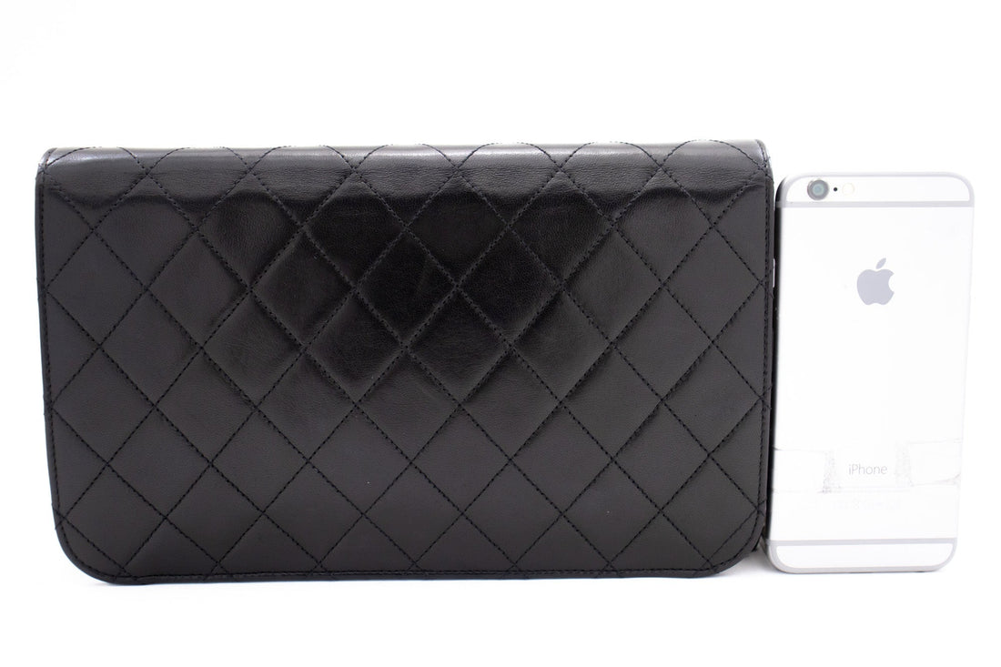 CHANEL Full Flap Chain Shoulder Bag Clutch Black Quilted Lambskin k82