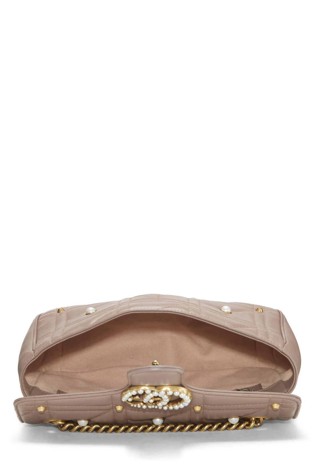 Gucci, Beige Leather & Faux Pearl GG Marmont Shoulder Bag Small, Beige
