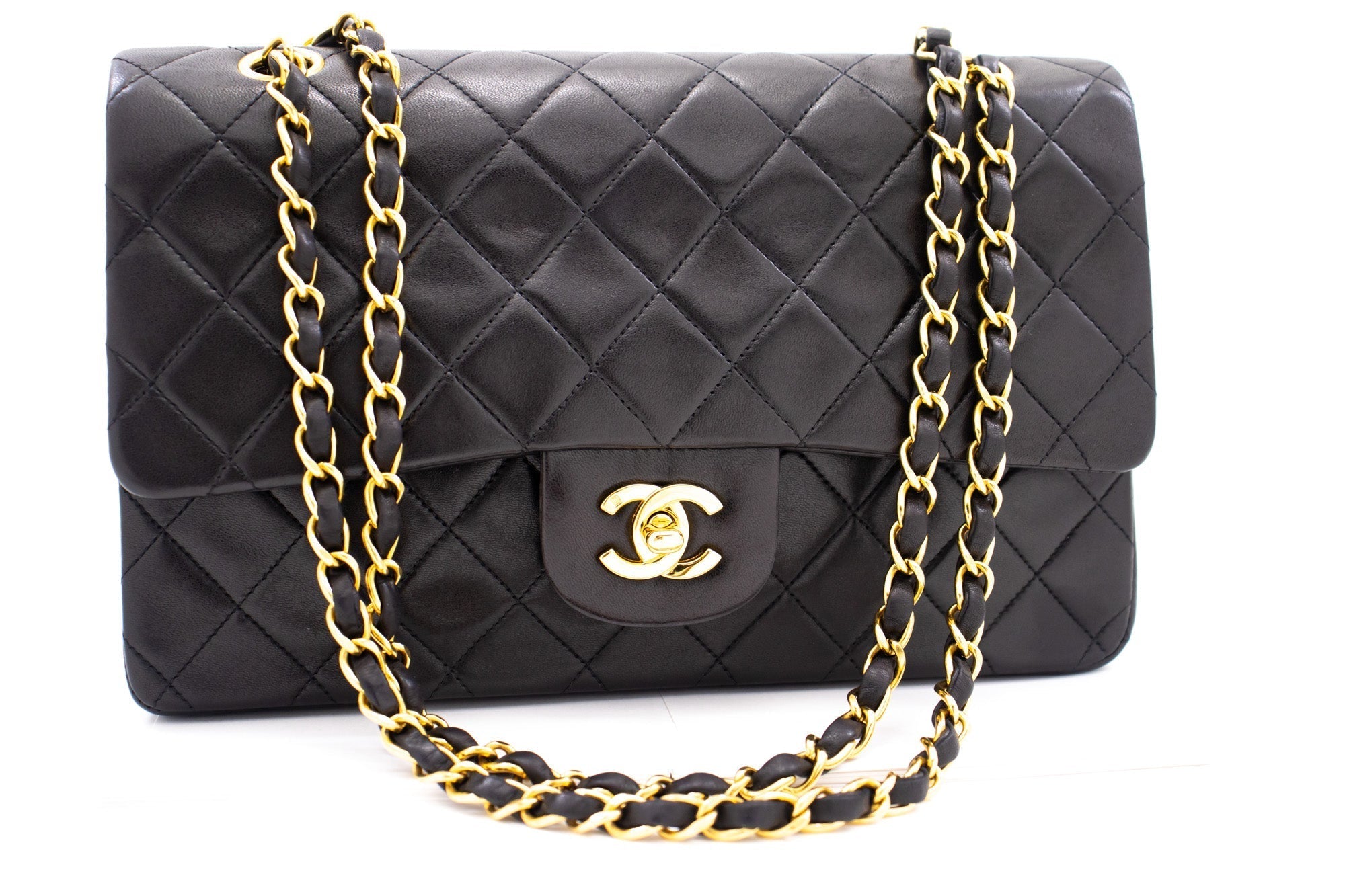 CHANEL Classic Double Flap 10" Chain Shoulder Bag Black Lambskin k72