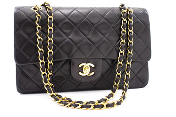 CHANEL Classic Double Flap 10" Chain Shoulder Bag Black Lambskin k72