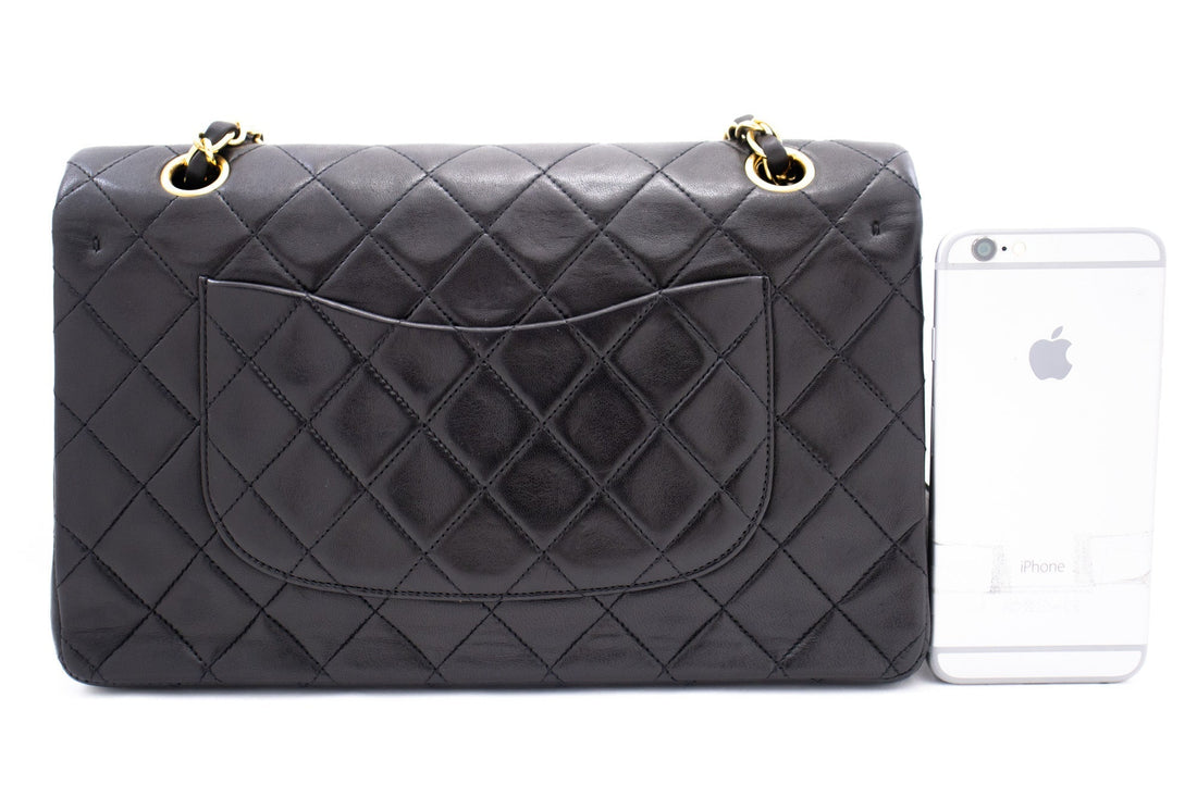 CHANEL Classic Double Flap 10" Chain Shoulder Bag Black Lambskin k72