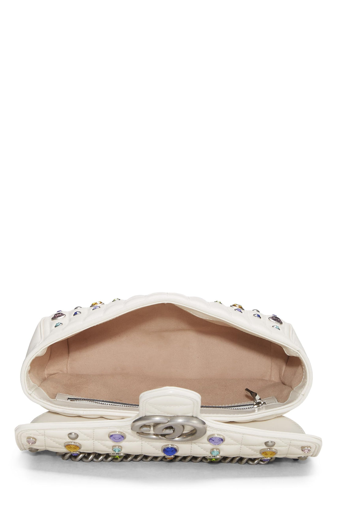 Gucci, White Leather Crystal Embellished GG Marmont Shoulder Bag, White