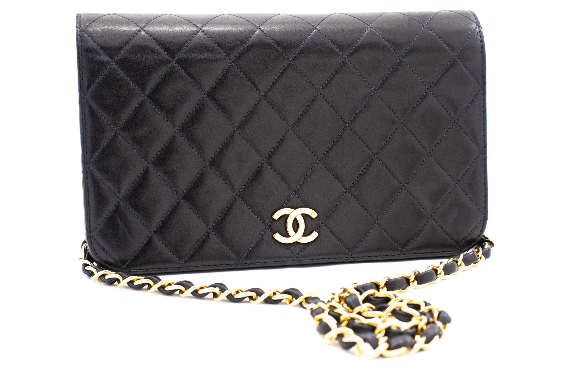 CHANEL Full Flap Chain Shoulder Bag Clutch Black Quilted Lambskin k78