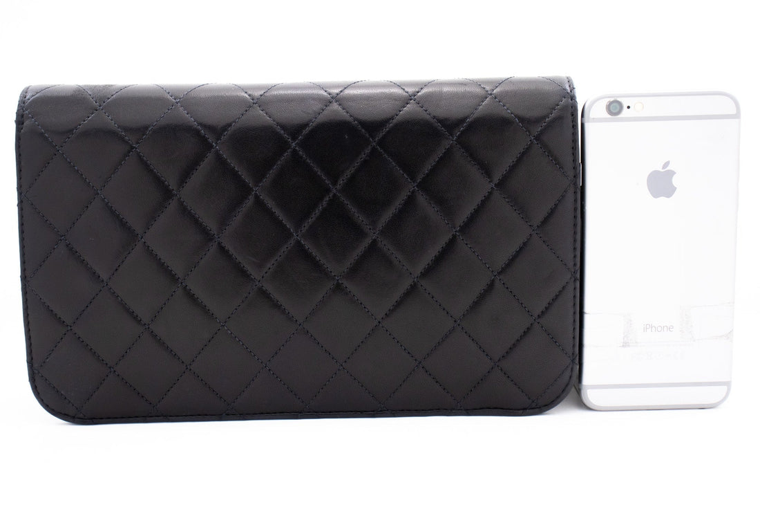 CHANEL Full Flap Chain Shoulder Bag Clutch Black Quilted Lambskin k78
