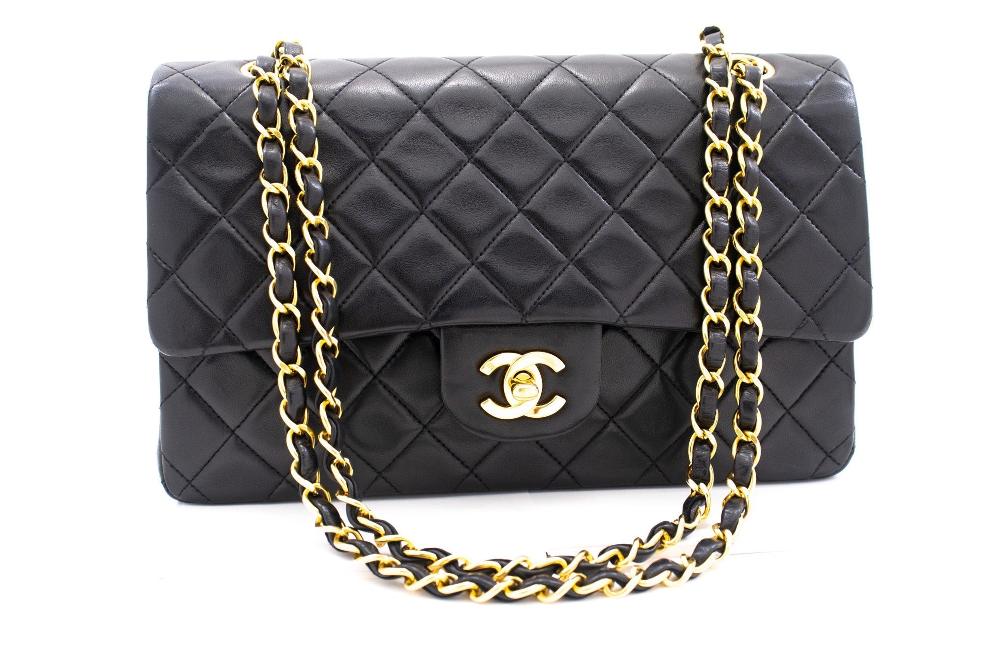 CHANEL Classic Double Flap 10" Chain Shoulder Bag Black Lambskin k76