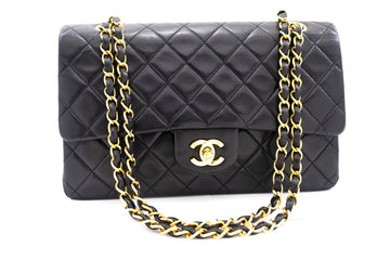 CHANEL Classic Double Flap 10" Chain Shoulder Bag Black Lambskin k76