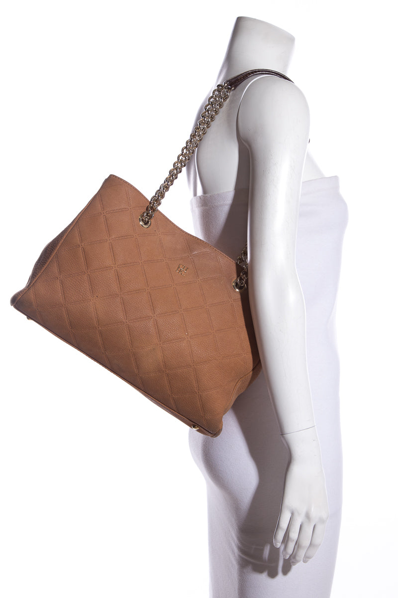 Carolina Herrera Camel Suede Quilted Shoulder Bag