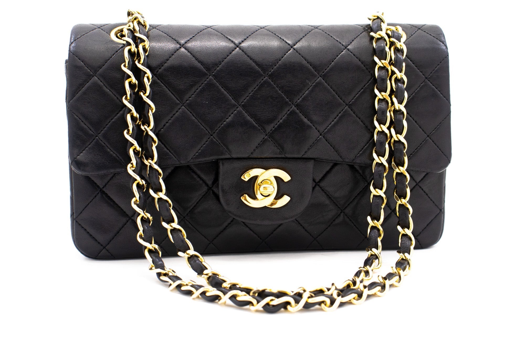 CHANEL Classic Double Flap 9" Chain Shoulder Bag Black Lambskin k65