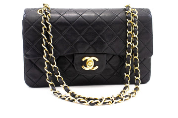 CHANEL Classic Double Flap 9" Chain Shoulder Bag Black Lambskin k65