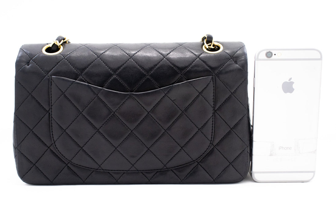 CHANEL Classic Double Flap 9" Chain Shoulder Bag Black Lambskin k65