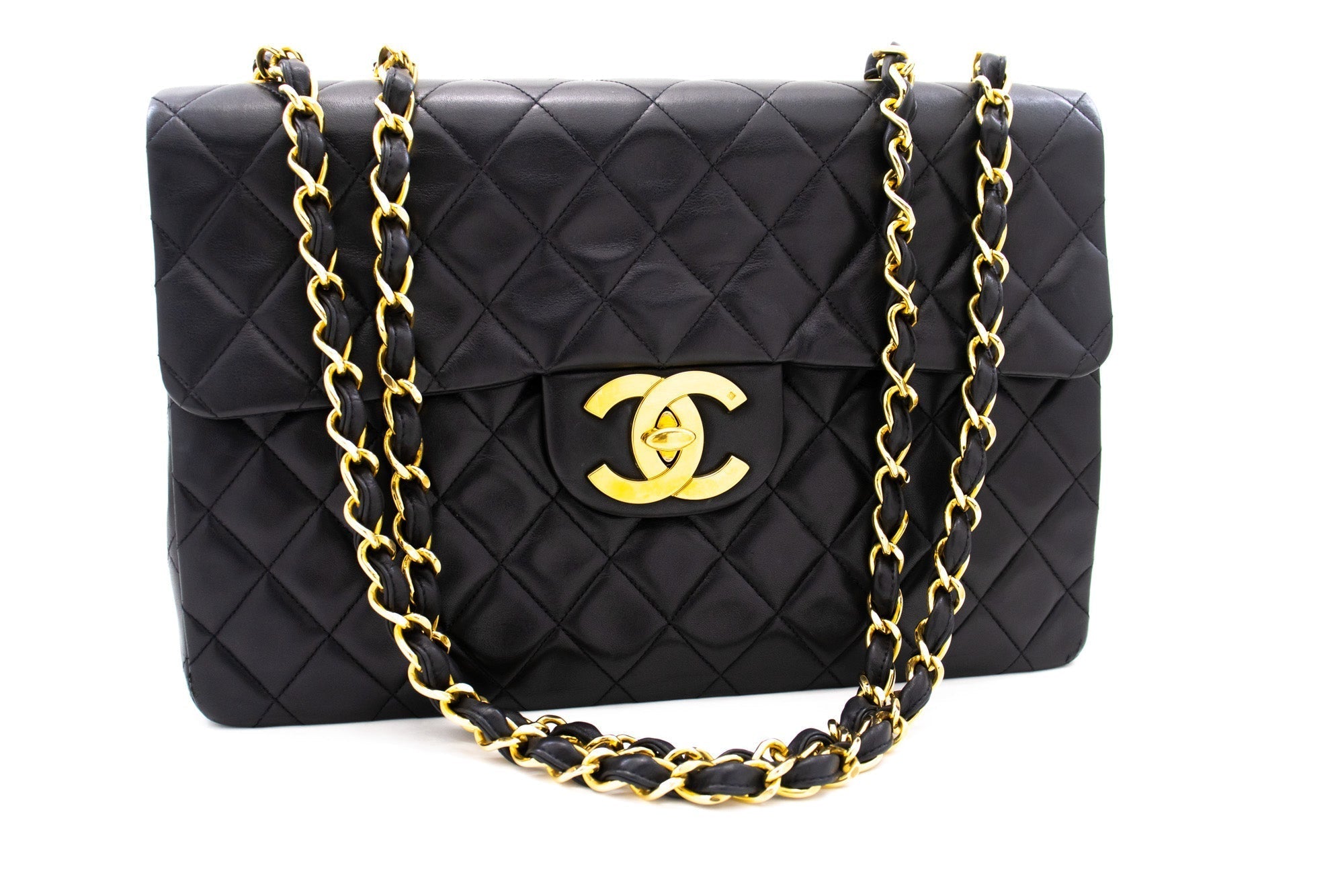 CHANEL Classic Large 13" Flap Chain Shoulder Bag Black Lambskin j74