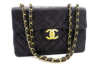 CHANEL Classic Large 13" Flap Chain Shoulder Bag Black Lambskin j74