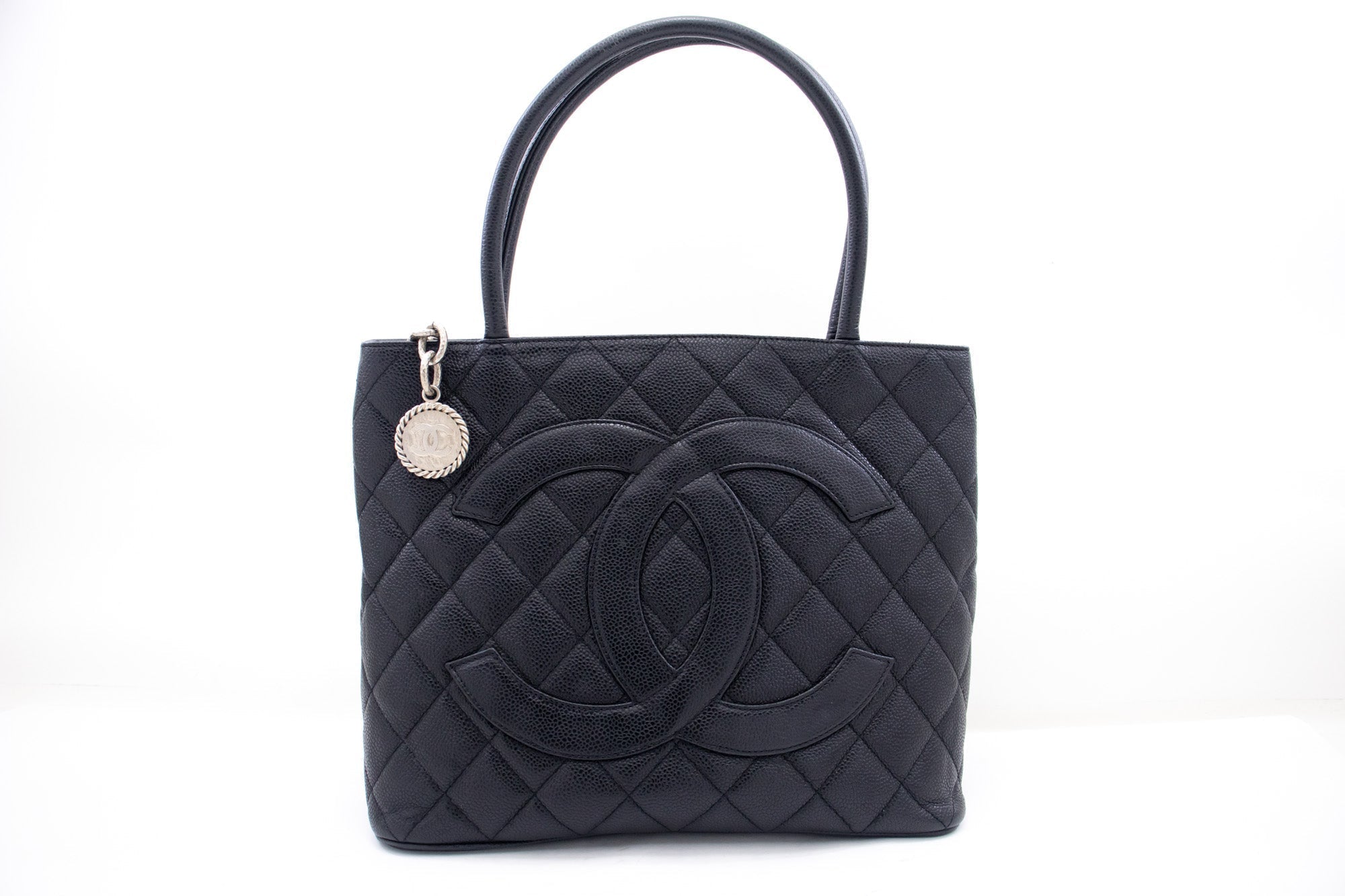 CHANEL Silver Medallion Caviar Shoulder Bag Shopping Tote Black k56