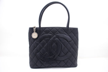CHANEL Silver Medallion Caviar Shoulder Bag Shopping Tote Black k56