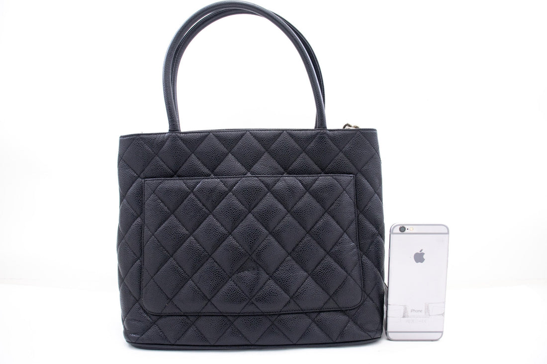 CHANEL Silver Medallion Caviar Shoulder Bag Shopping Tote Black k56