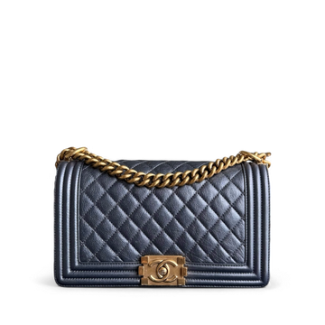 Chanel Boy Medium - Calfskin 25CM Quilted Iridescent Charcoal Black Aged Gold Hardware Series 20