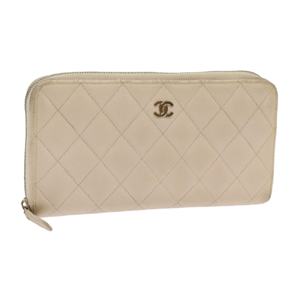 Top Quality Chanel Long Wallet Caviar Skin White CC Auth 65288