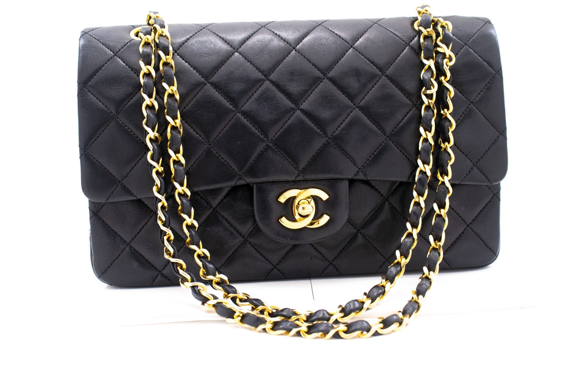 CHANEL Classic Double Flap Medium Chain Shoulder Bag Black Lamb k79