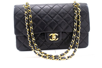 CHANEL Classic Double Flap Medium Chain Shoulder Bag Black Lamb k79
