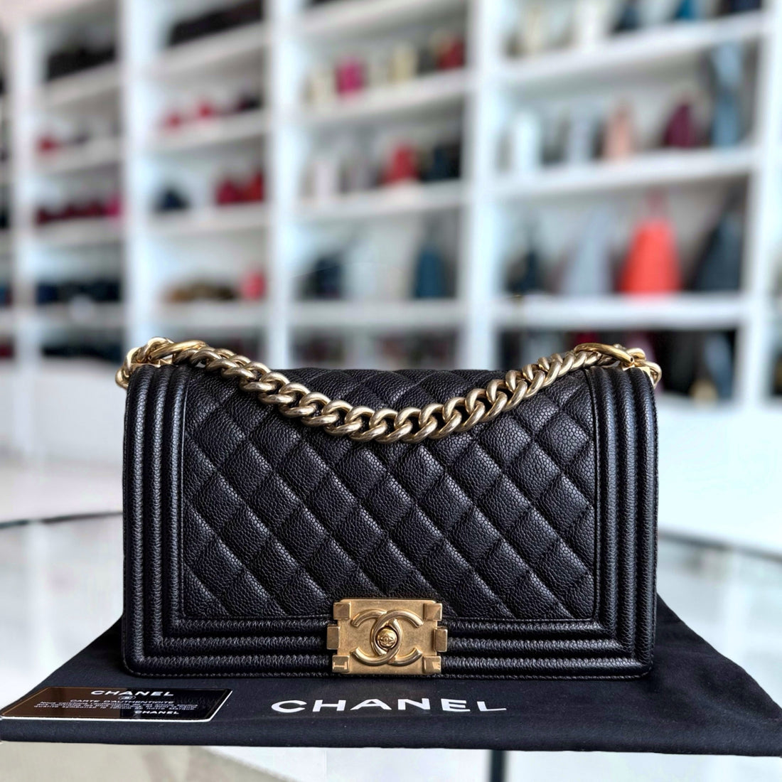 Chanel Boy Medium - Caviar 25CM Quilted Black Aged Gold Hardware Series 23