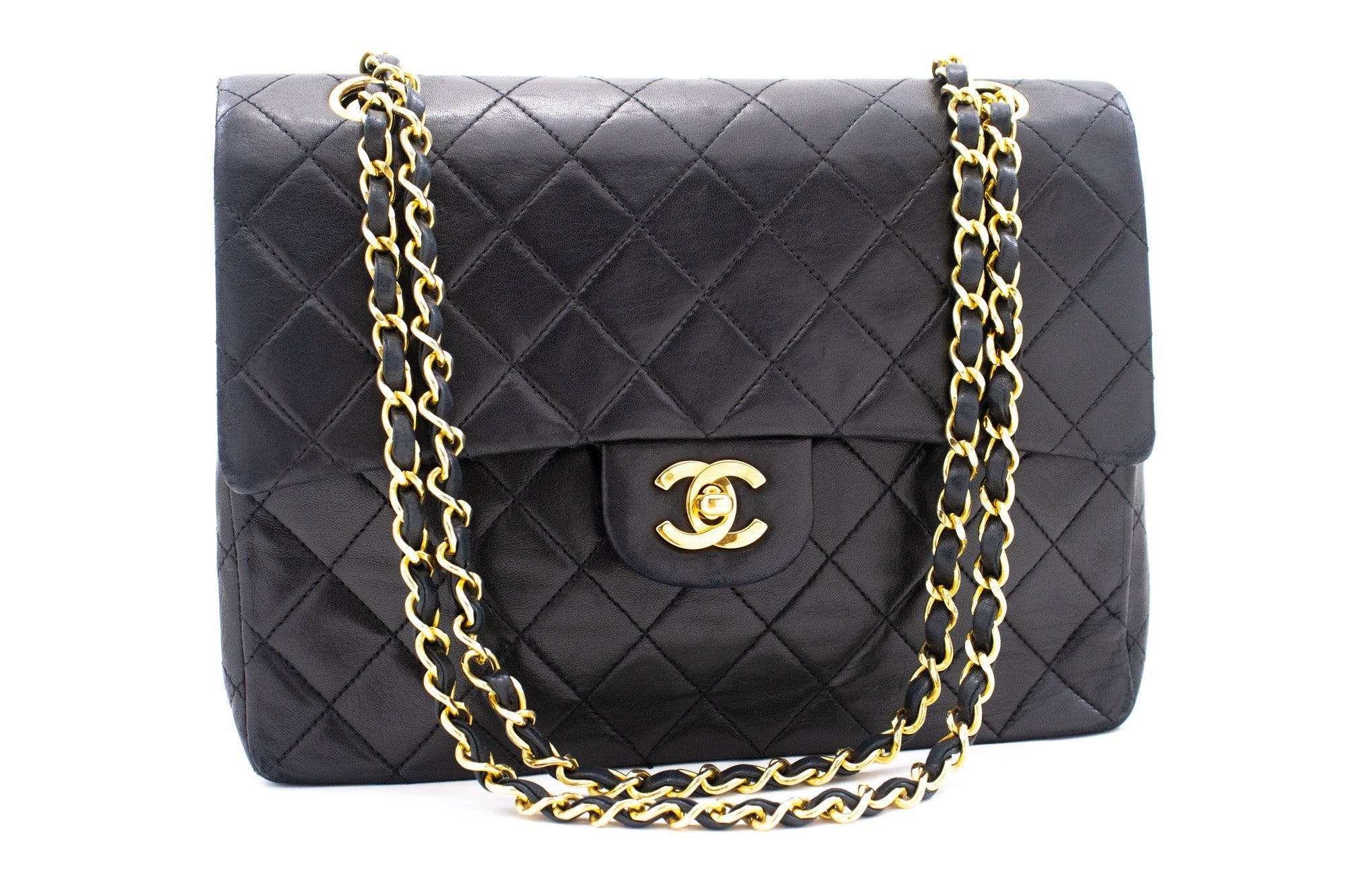 CHANEL Classic Double Flap Chain Shoulder Bag Black Lambskin Purse k88